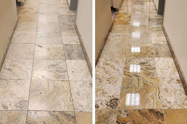 Before and after of natural stone floor cleaning in hallway