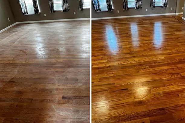 Before and after hardwood floor cleaning with restored shine
